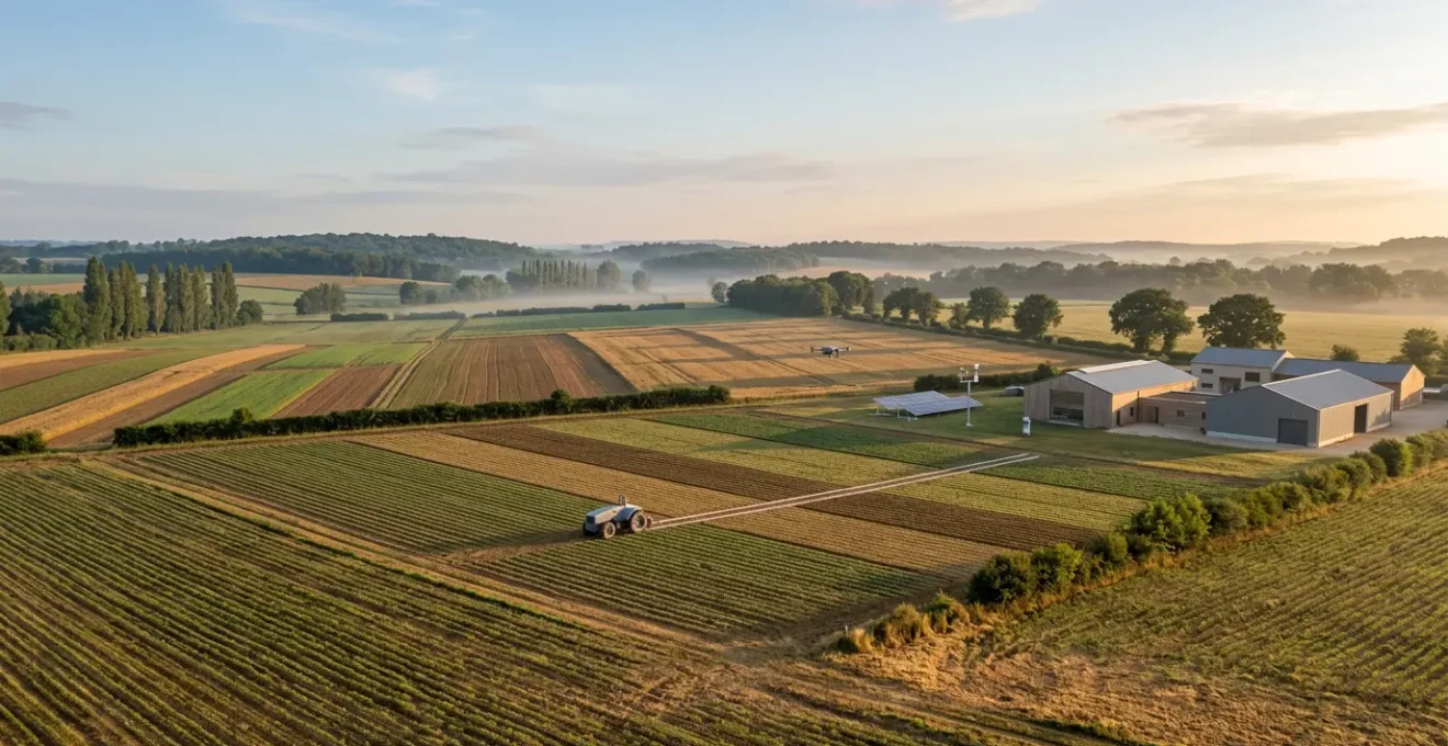 Vision d'ensemble d'une exploitation agricole moderne équipée de technologies innovantes