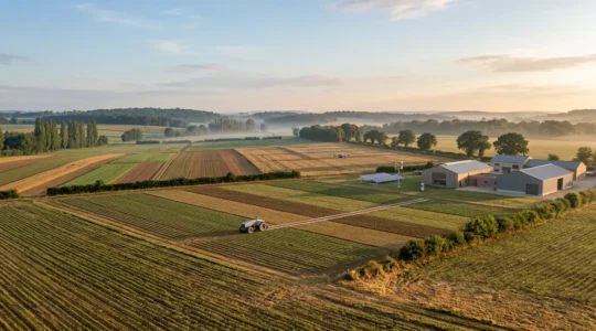 Vision d'ensemble d'une exploitation agricole moderne équipée de technologies innovantes