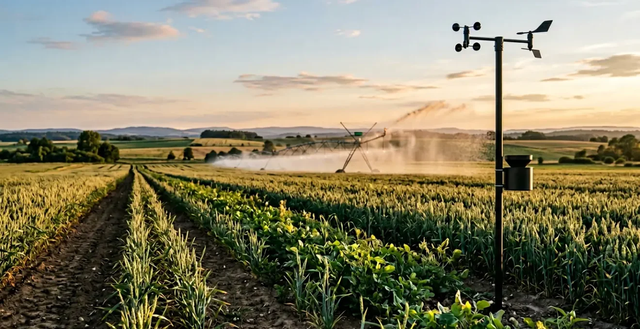 Station météo agricole connectée pilotant un système d'irrigation automatique dans une parcelle cultivée