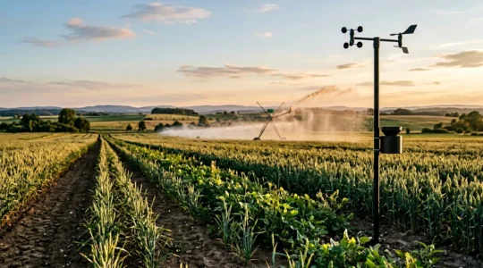Station météo agricole connectée pilotant un système d'irrigation automatique dans une parcelle cultivée