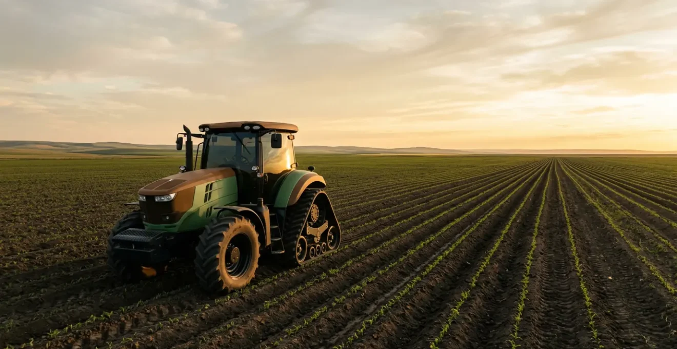 Tracteur moderne dans un champ agricole au lever du soleil symbolisant le choix stratégique d'investissement