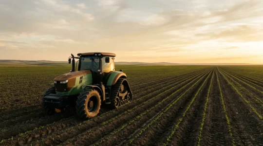 Tracteur moderne dans un champ agricole au lever du soleil symbolisant le choix stratégique d'investissement