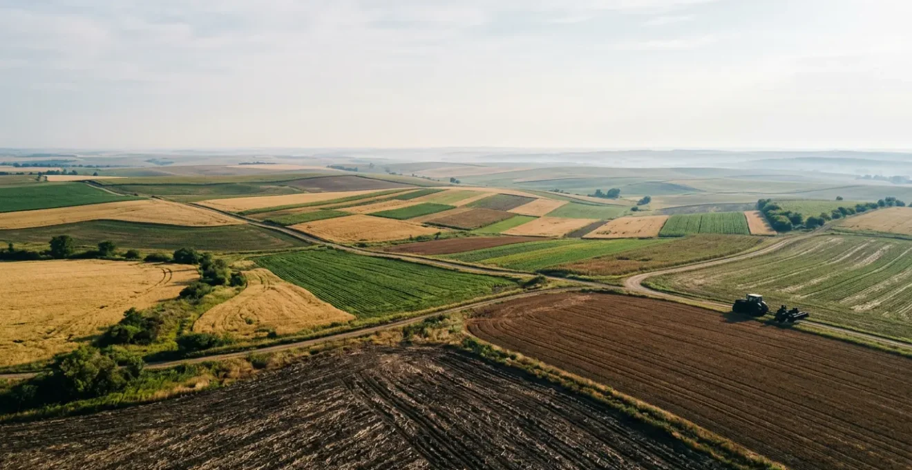 Vue aérienne d'une exploitation agricole en transition vers l'agriculture de conservation des sols avec rotation de cultures diversifiées