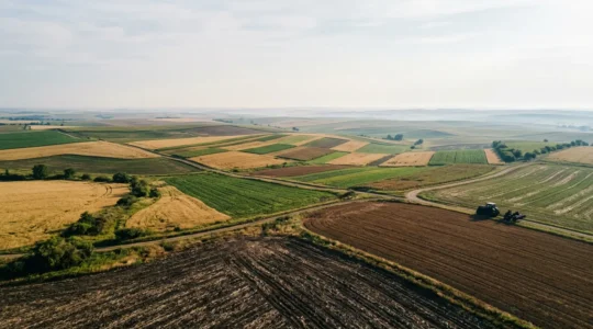 Vue aérienne d'une exploitation agricole en transition vers l'agriculture de conservation des sols avec rotation de cultures diversifiées