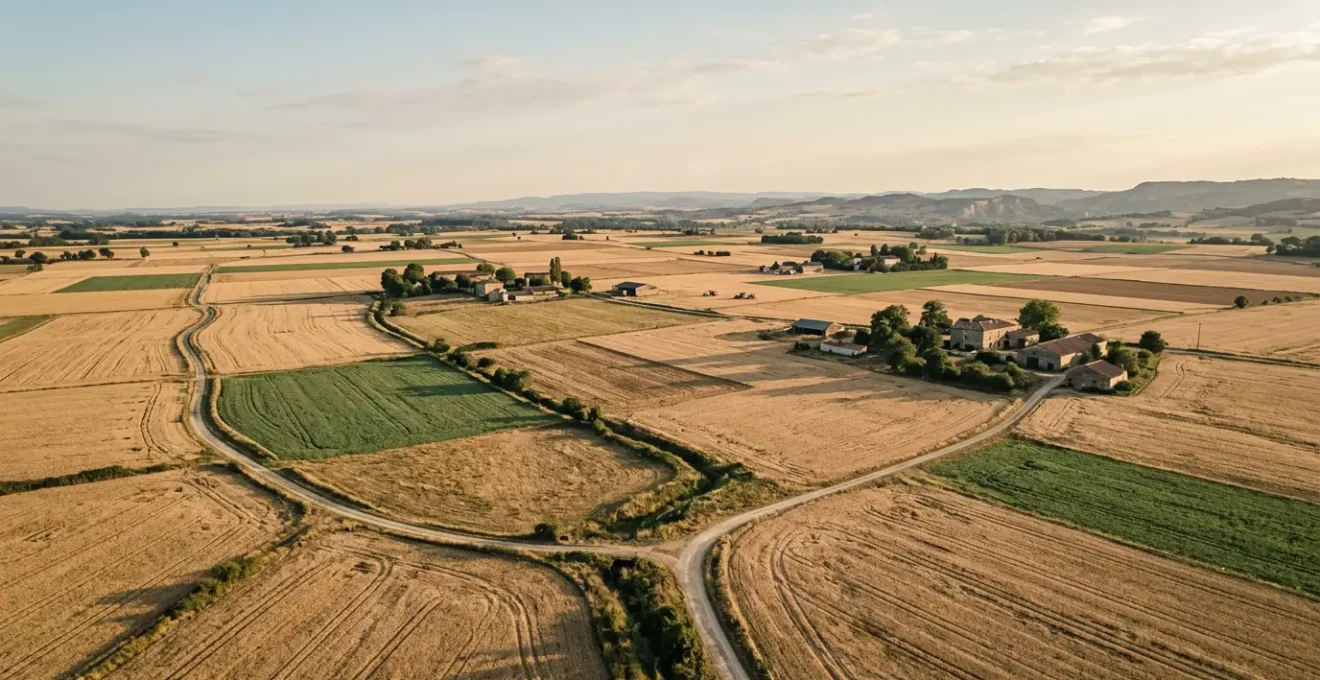 Vue aérienne d'une exploitation agricole dans le Sud-Ouest avec des parcelles cultivées en période de sécheresse