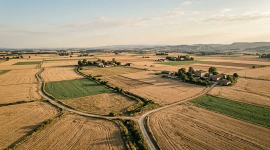 Vue aérienne d'une exploitation agricole dans le Sud-Ouest avec des parcelles cultivées en période de sécheresse