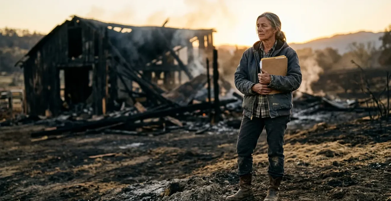 Agriculteur debout face aux ruines fumantes de son exploitation après un incendie, tenant des documents administratifs dans ses mains