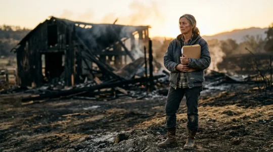 Agriculteur debout face aux ruines fumantes de son exploitation après un incendie, tenant des documents administratifs dans ses mains