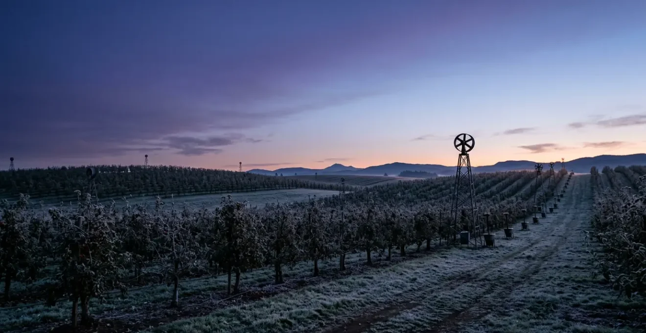 Verger arboricole avec dispositifs de protection antigel sous un ciel nocturne clair