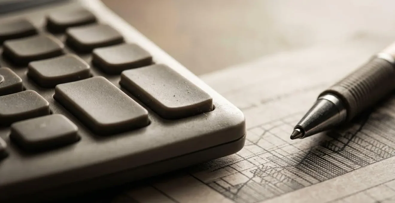 Gros plan sur une calculatrice et des graphiques financiers dans un environnement de bureau agricole