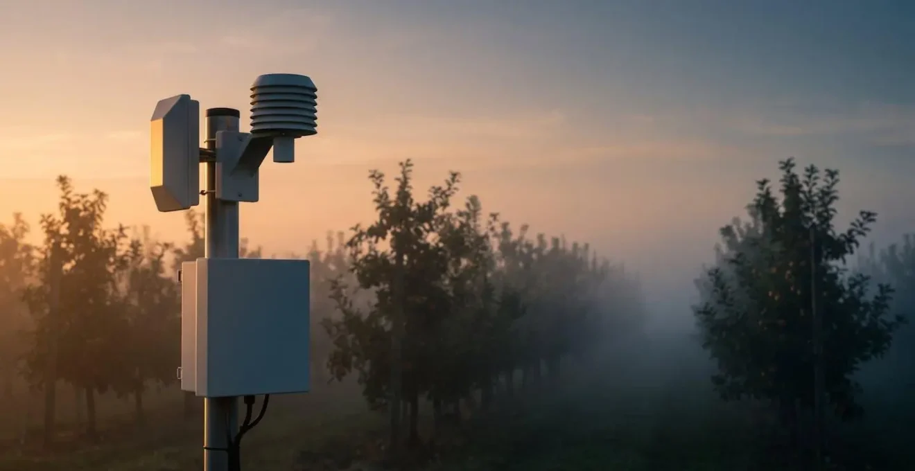 Station météorologique connectee installee dans un verger au lever du jour avec atmosphere brumeuse