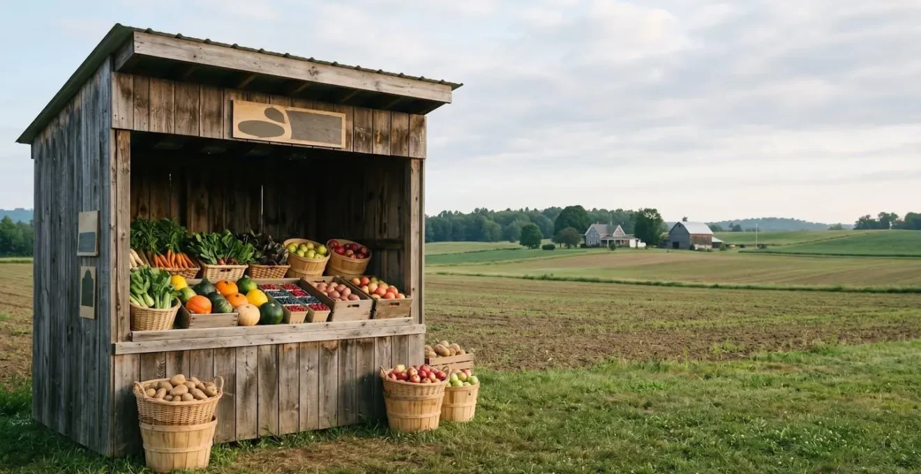 Vue d'ensemble d'un espace de vente directe à la ferme avec produits locaux