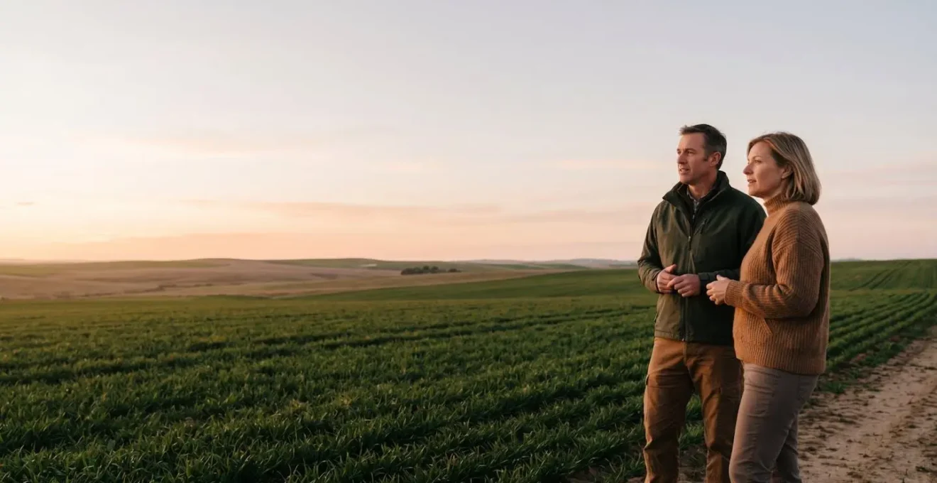 Scène d'échange professionnel entre agriculteur et partenaire commercial dans un environnement agricole