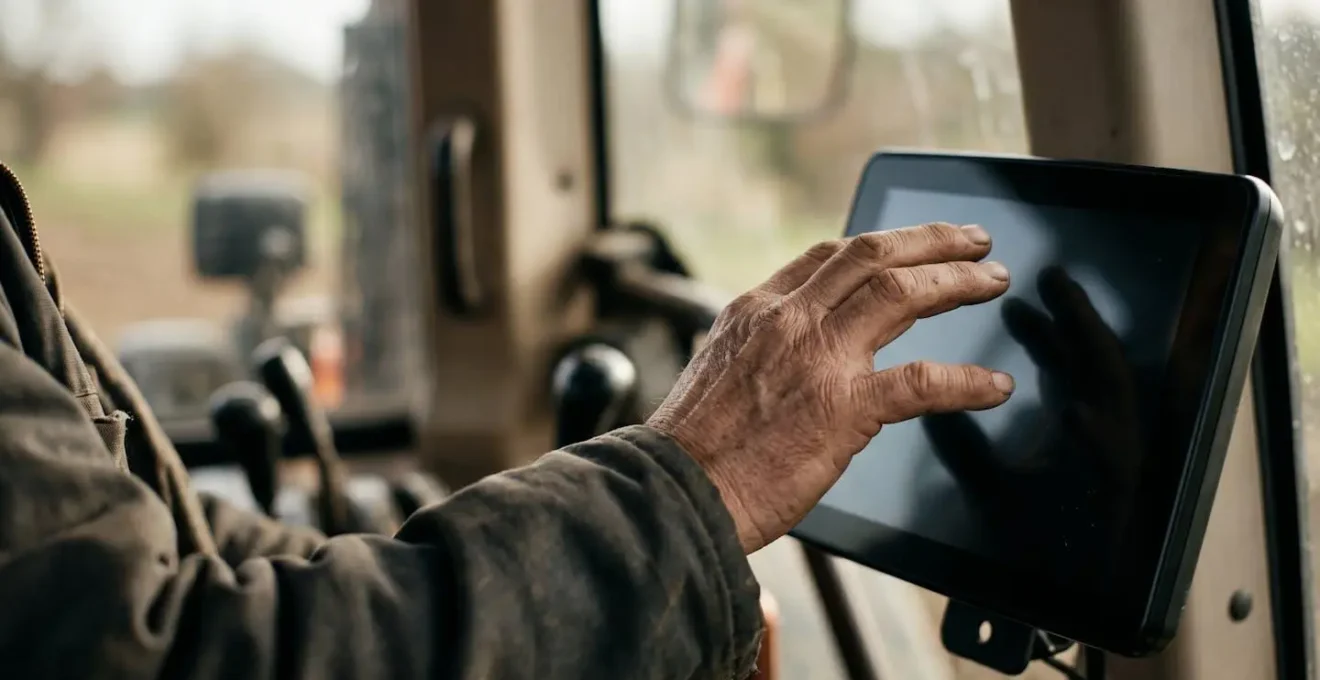 Détail d'une main d'agriculteur interagissant avec une interface de navigation GPS dans une cabine de tracteur