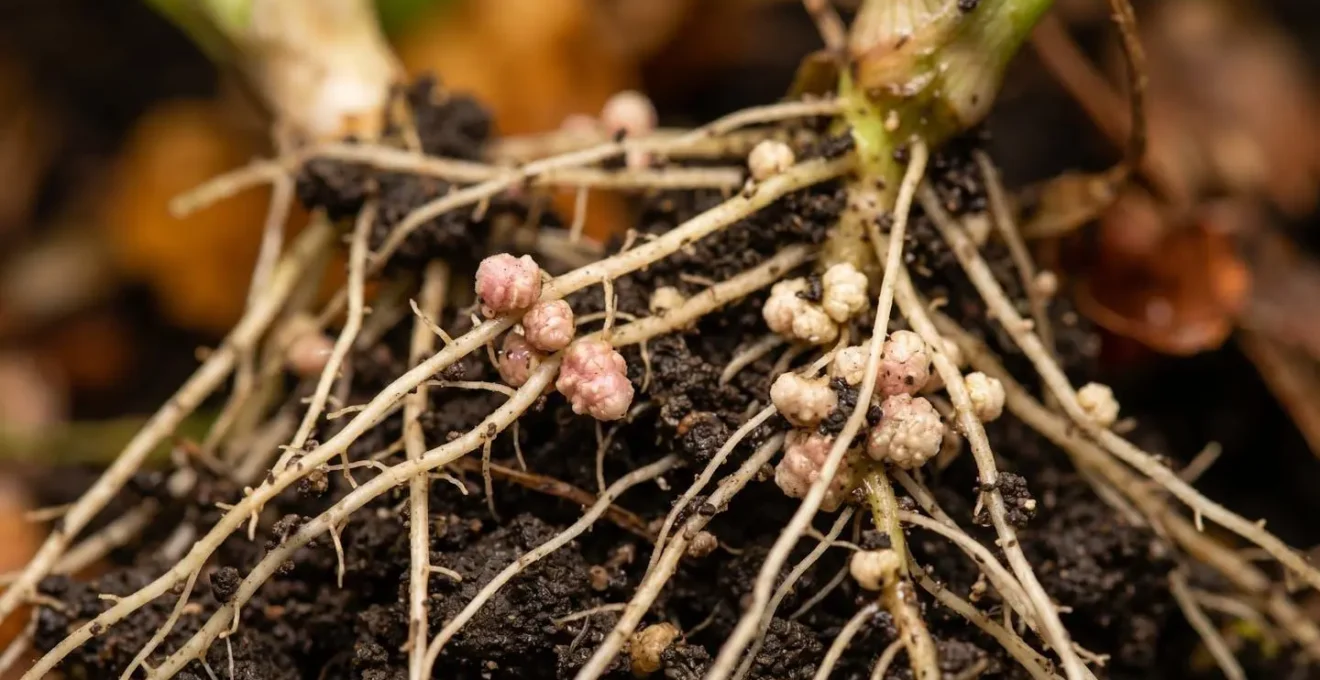 Détail macro de racines et nodosités de légumineuses fixatrices d'azote dans un couvert végétal