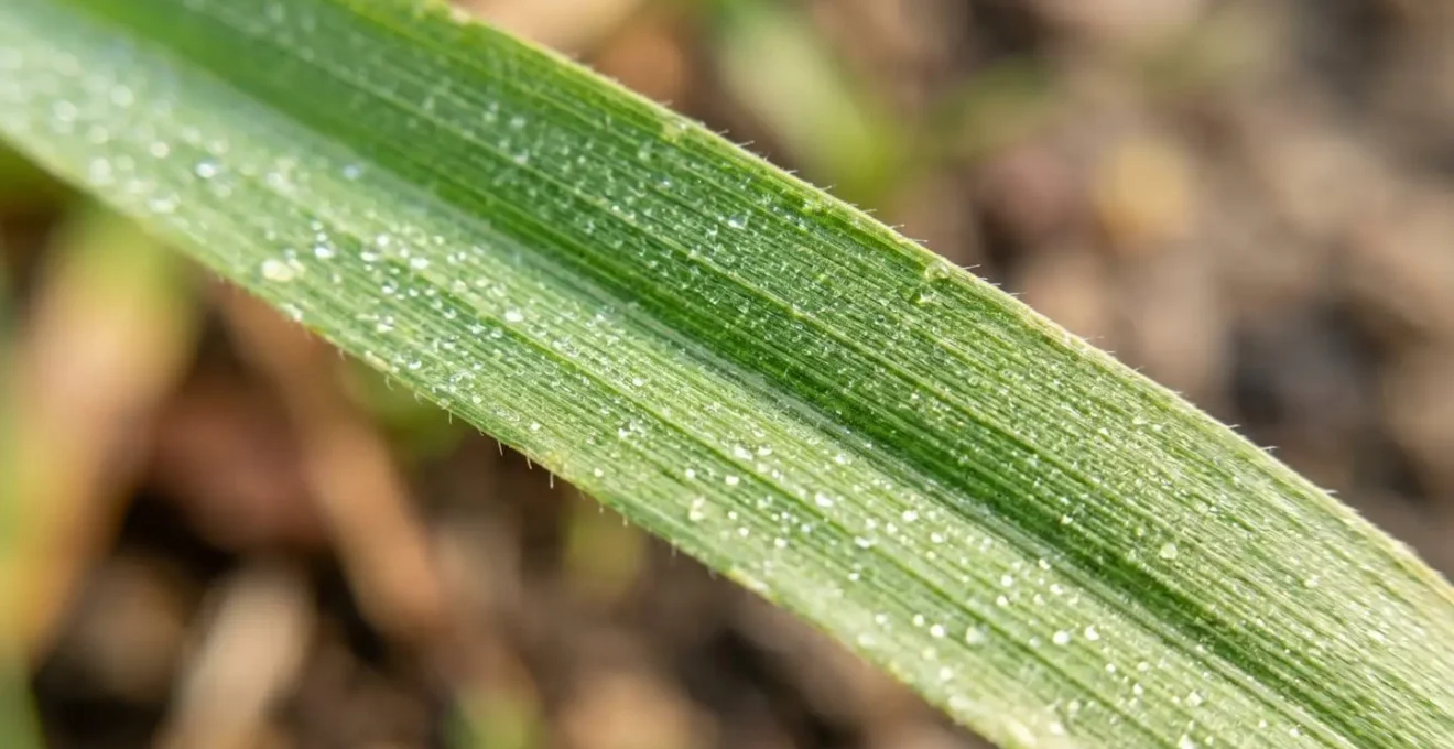 Gros plan macro d'une feuille de céréale montrant la texture et les détails de la surface foliaire