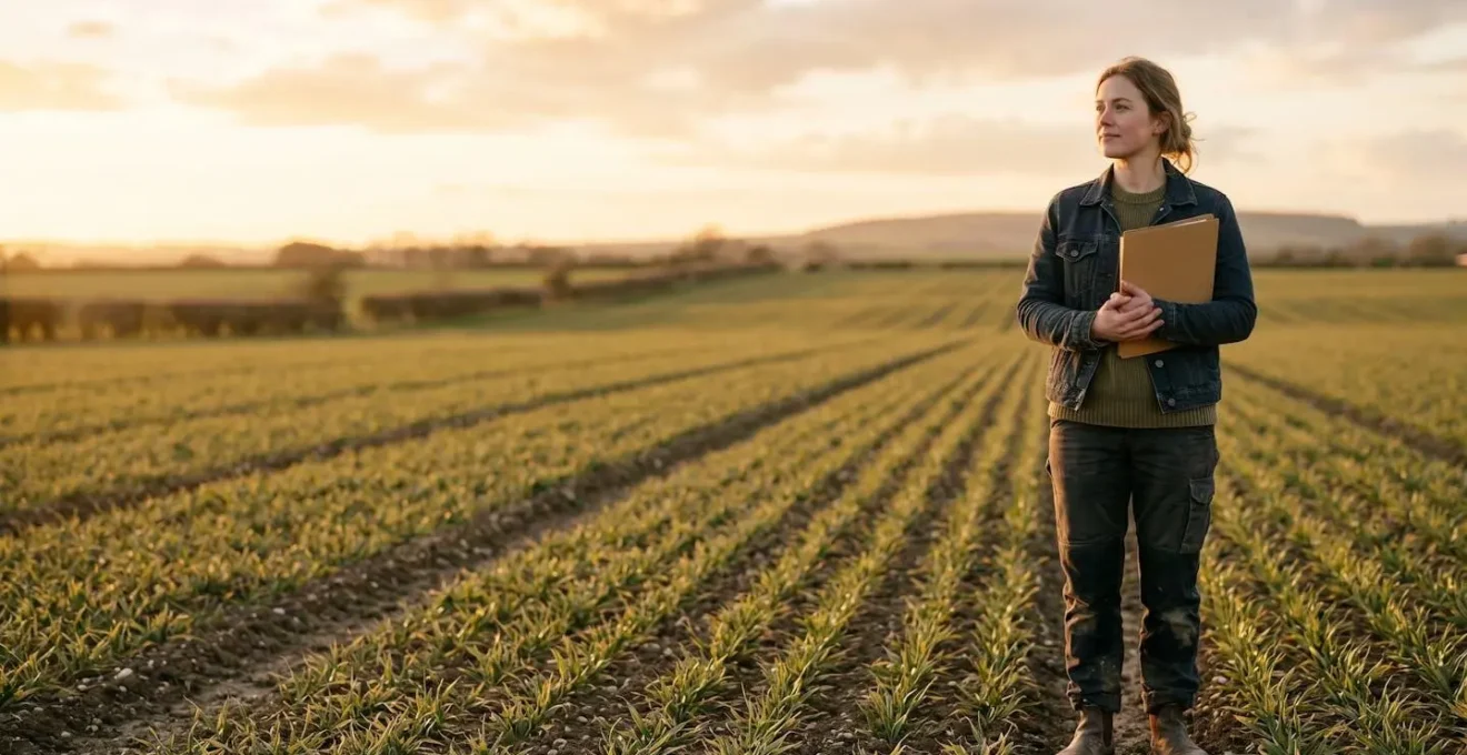 Jeune agriculteur dans un champ tenant un dossier de projet d'installation