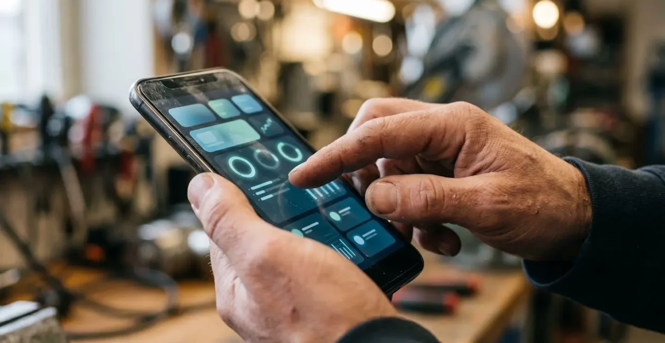Gros plan tactile sur un smartphone affichant un tableau de bord de maintenance numérique avec historique d'entretien d'un tracteur