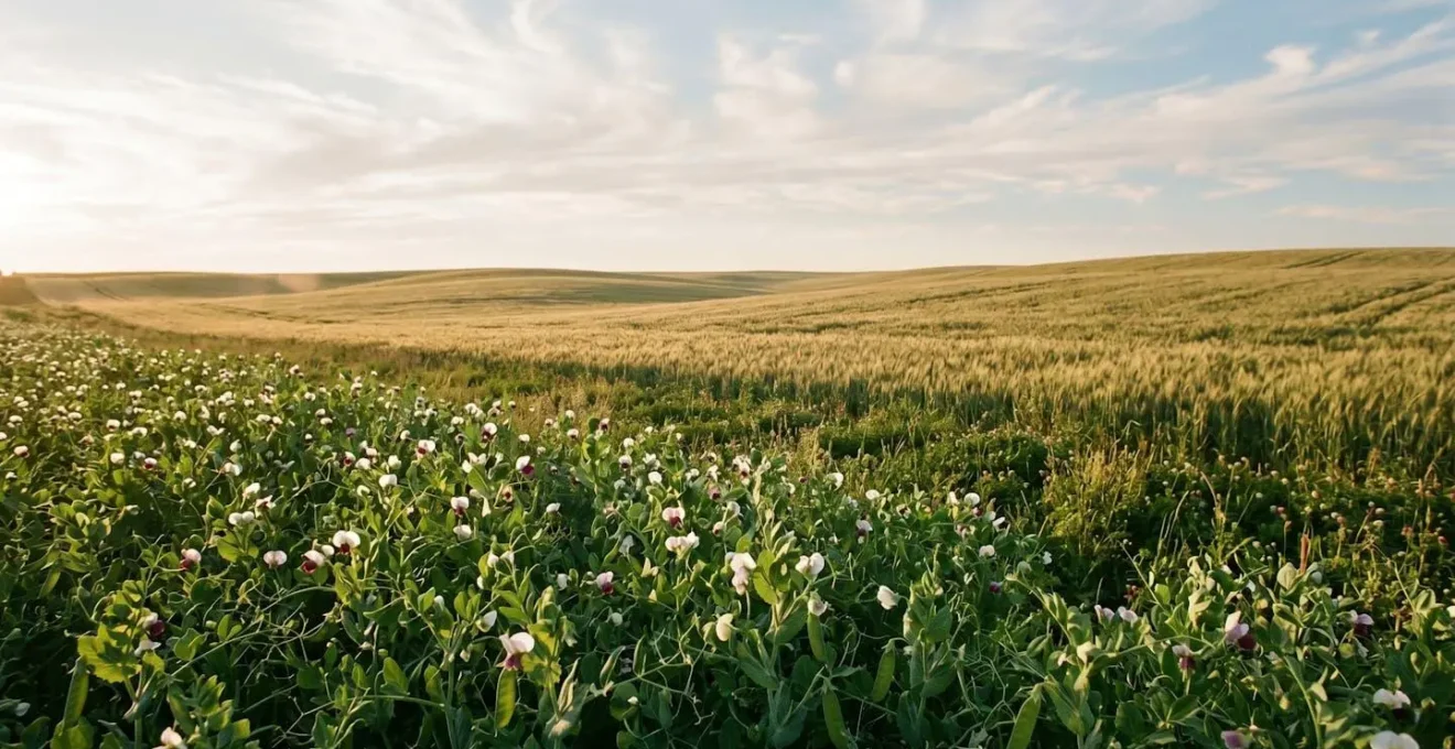 Plan moyen d'un champ de légumineuses en floraison avec parcelle de méteil en arrière-plan