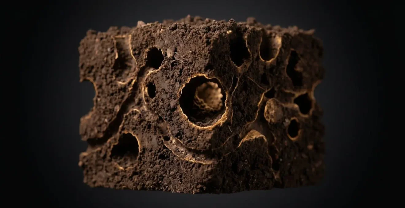 Pores et galeries dans un sol agricole bien drainé permettant la circulation d'air et l'exploration racinaire