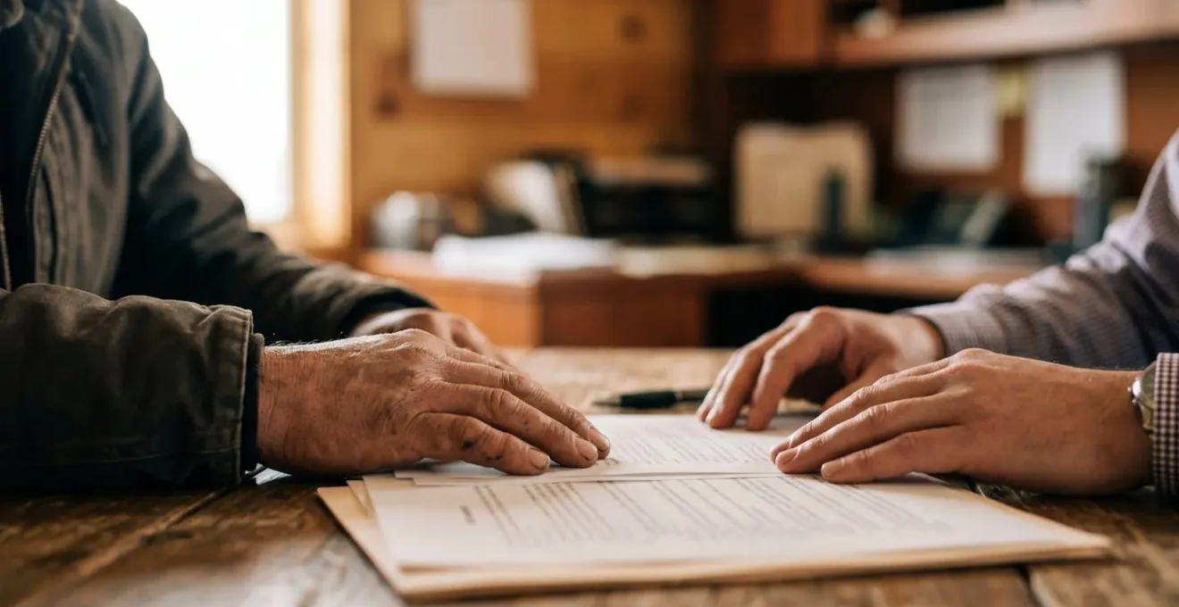 Négociation contractuelle entre agriculteur et représentant coopératif autour d'une table de travail