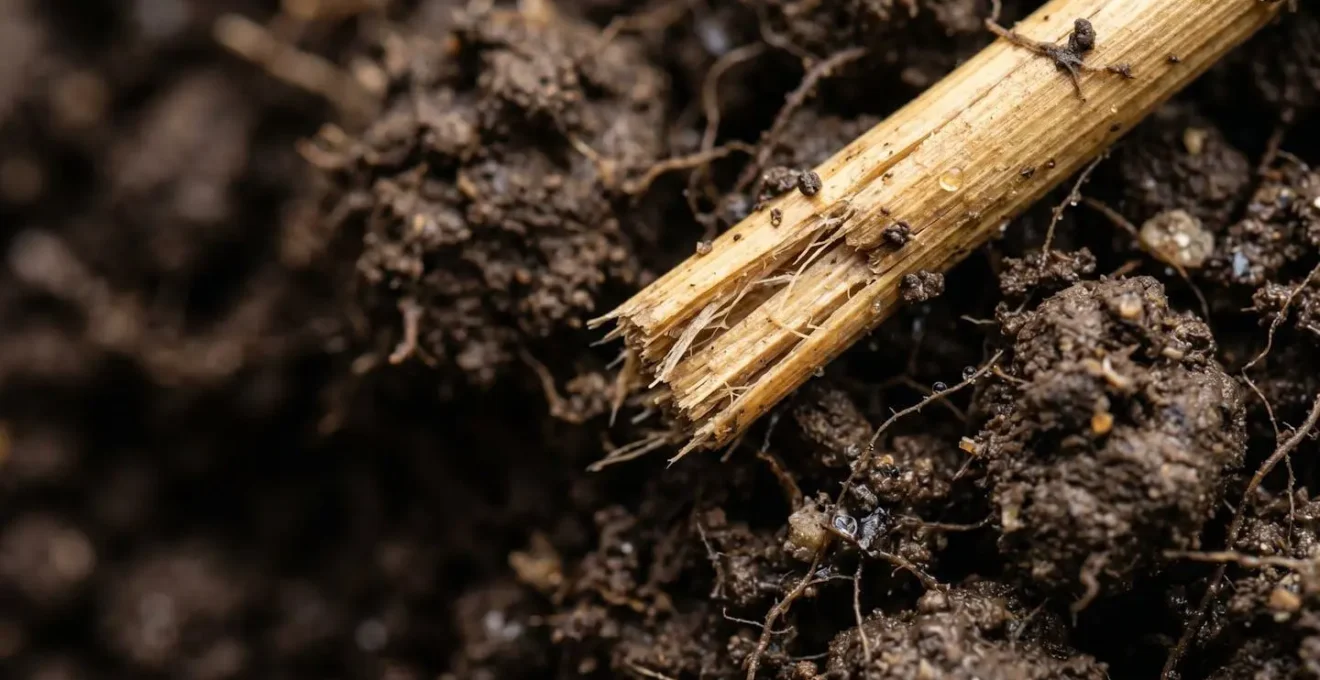 Résidus de paille dorée incorporés dans un sol brun structuré avec racines visibles