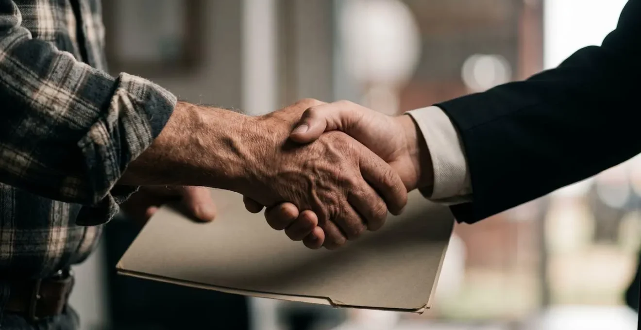Gros plan sur une poignée de main entre un agriculteur et un fournisseur échangeant un document d'engagement commercial