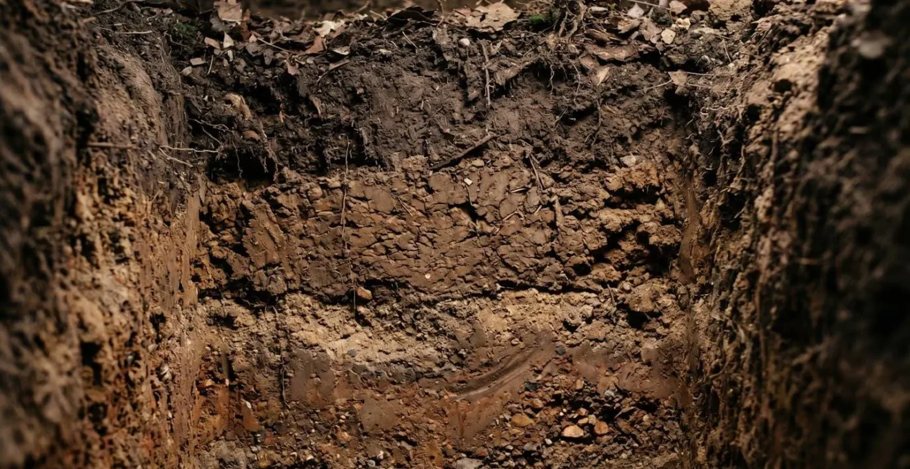 Vue en coupe d'un profil de sol agricole montrant les différentes couches et zones de compaction