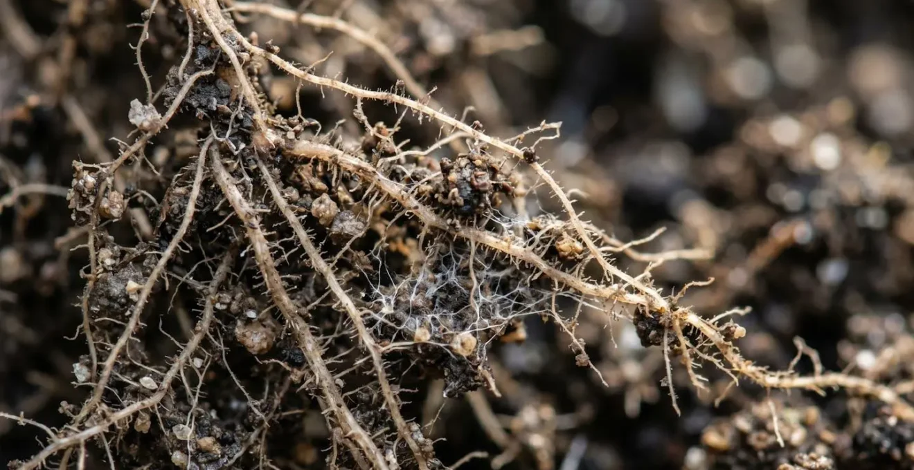 Réseau de mycorhizes symbiotiques colonisant les racines d'une plante agricole dans un sol vivant