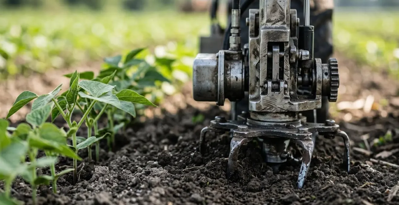 Robot agricole autonome effectuant un travail de désherbage mécanique de précision entre les rangées de cultures
