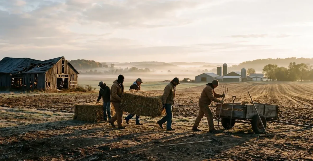 Vue large d'un chantier agricole solidaire avec plusieurs agriculteurs travaillant ensemble sur une exploitation sinistrée au lever du soleil