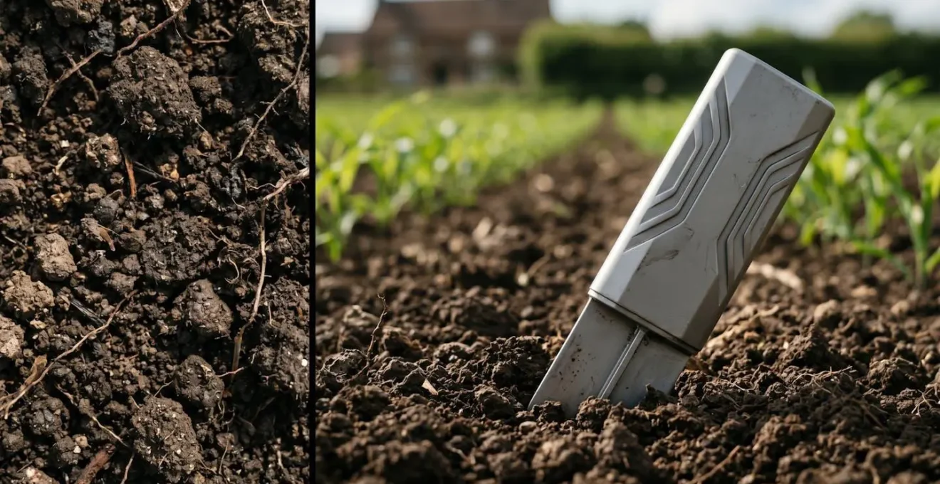 Sonde capacitive enfoncée dans le sol d'une parcelle agricole pour mesurer l'humidité et piloter l'irrigation de précision