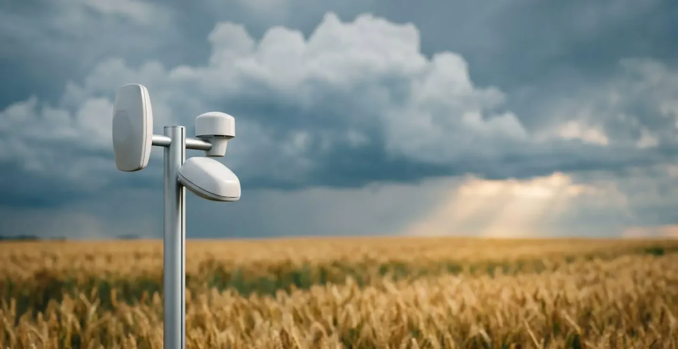 Station météorologique connectée dans un champ agricole avec capteurs pour mesurer la température et l'humidité