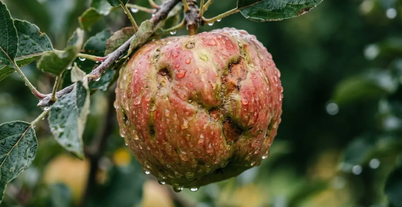 Vue macro sur des fruits endommagés par la grêle en cours de traitement cicatrisant, montrant les détails des tissus végétaux et l'application foliaire