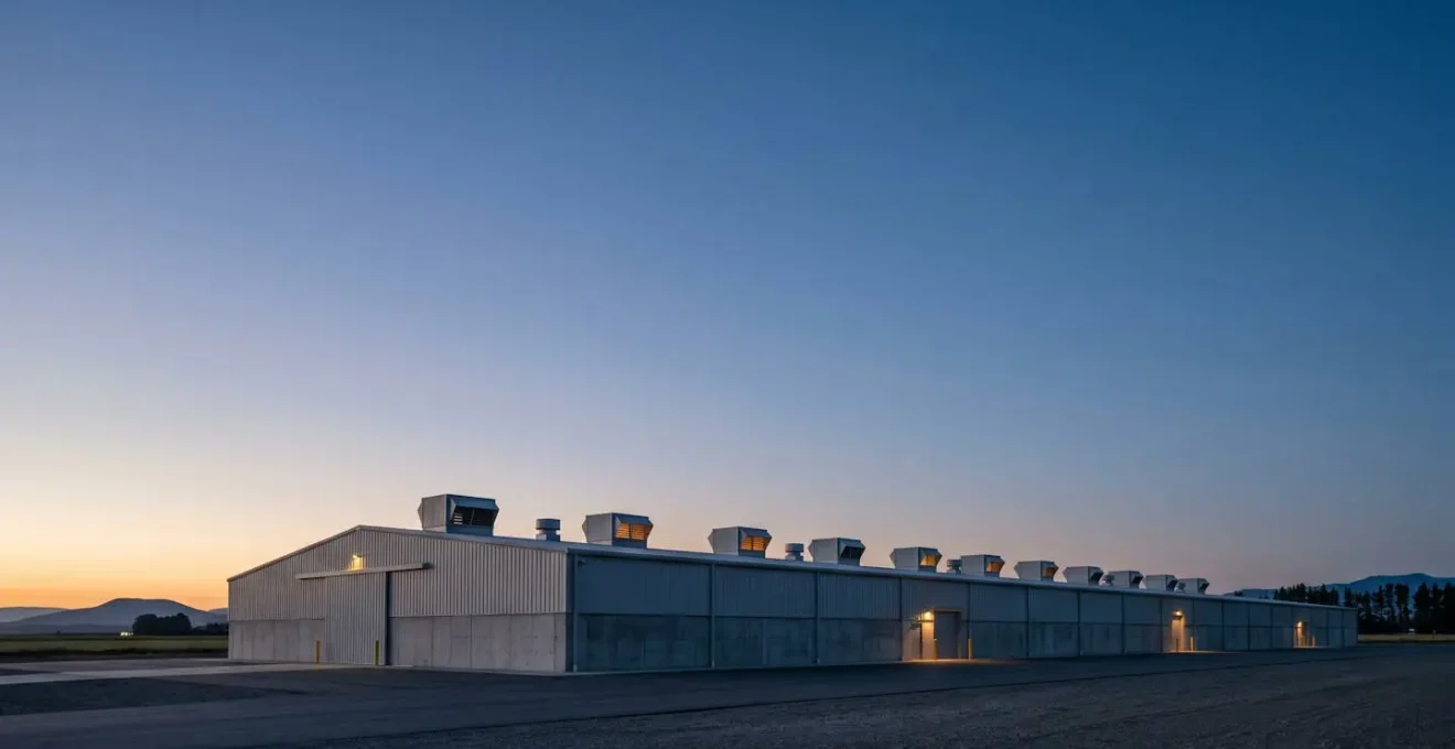 Vue d'ensemble minimaliste d'un système de ventilation de silo à céréales dans un environnement agricole épuré