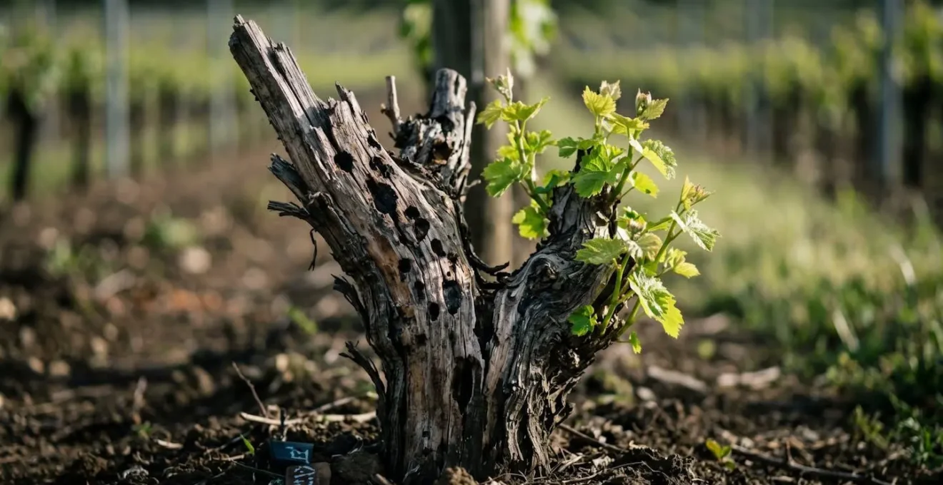 Composition symbolique montrant la résilience d'un cep de vigne après un traumatisme climatique, illustrant la décision entre recépage et replantation